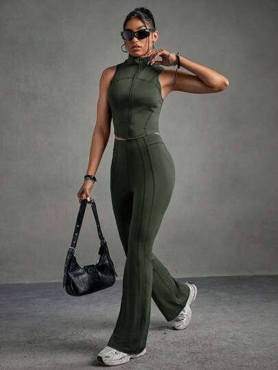 Streetz SHEIN Sport طقم بنطلون طويل وبلوزة بدون أكمام بسحّاب أمامي لون أحادي لنساء ، بدلة رياضية 2 قطع لممارسة التمارين