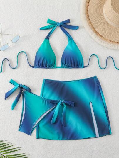 Swim SXY طقم بيكيني مكون من 3 قطع ذو طباعة تدرج مع يقة للنساء وبلوزة للشاطئ، ملابس سباحة للربيع والإحتفالات ذات طباعة أومبير بوهو