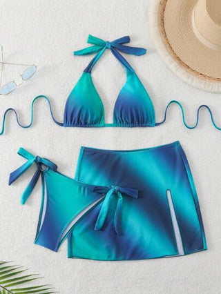 Swim SXY طقم بيكيني مكون من 3 قطع ذو طباعة تدرج مع يقة للنساء وبلوزة للشاطئ، ملابس سباحة للربيع والإحتفالات ذات طباعة أومبير بوهو
