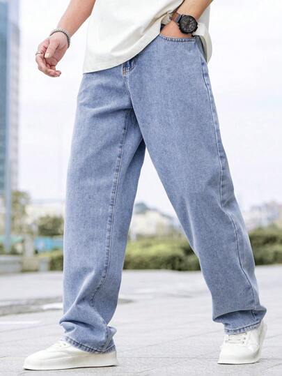 Manfinity Homme جينز كاجوال واسع الساق فضفاض مريح مع تصميم جيب للرجال كبار الحجم