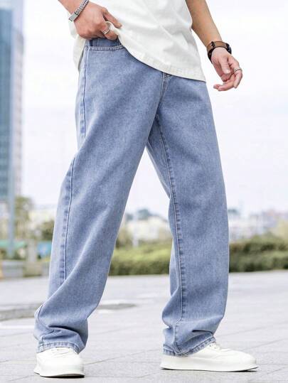 Manfinity Homme جينز كاجوال واسع الساق فضفاض مريح مع تصميم جيب للرجال كبار الحجم