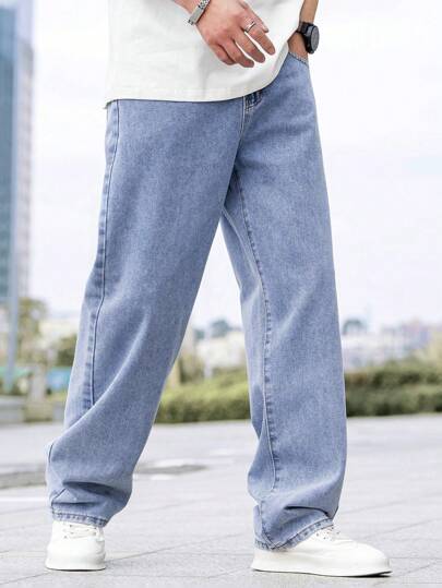 Manfinity Homme جينز كاجوال واسع الساق فضفاض مريح مع تصميم جيب للرجال كبار الحجم