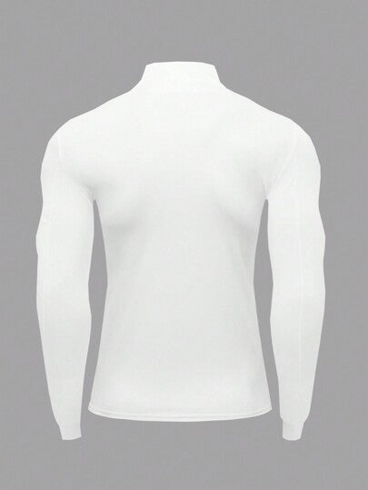 Manfinity Sport Corelite تي شيرت رياضي أبيض بأكمام طويلة وياقة نصف سحاب مطبوع عليه شعار