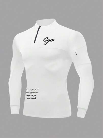 Manfinity Sport Corelite تي شيرت رياضي أبيض بأكمام طويلة وياقة نصف سحاب مطبوع عليه شعار
