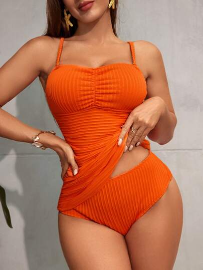 طقم تانكيني حريمي Swim Lushoire المرأة ال- طراز الصيفي لون أساسي مجعد شكل بندينا شورت كاجوال تانكيني