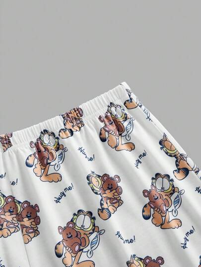 GARFIELD X  طقم بيجاما قصير الأكمام برقبة دائرية مطبوع عليه طبعات قطة كرتونية مقاسات كبيرة، للصيف