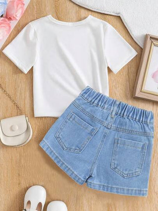 girls-sets مجموعة توب باكمام قصيرة وشورت جينز مطبوع بطباعة كرتونية للبنات المراهقات
