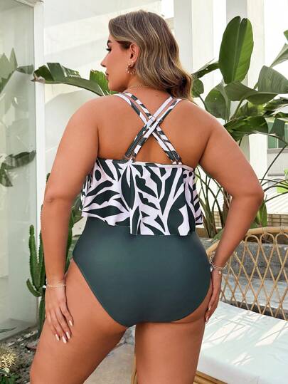 Swim Lushoire مجموعة من 2 قطعة ملابس سباحة بنقشة زهور بتصميم مناسب لحجم إضافي للسيدات، بكيني بربطة على الكتف، بليزر عادي مناسب للإجازات الصيفية