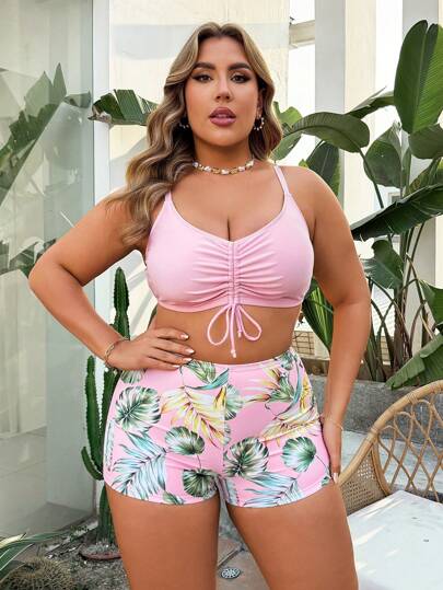 Swim Lushoire مجموعة مكونة من 3 قطع بحجم كبير: بيكيني ذو طبعة رقمية مع حبل شد، متناسق مع كيمونو بأكمام طويلة ومتوسط الطول للشاطئ، طقم ملابس سباحة صيفية عفوية للعطلات