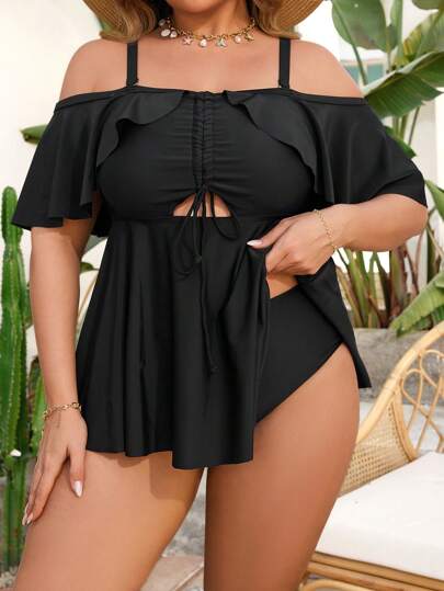 SHEIN Swim Curve مجموعة القطع مقاسات كبيرة للنساء في الصيف، الكتف المنخفض باللون الأسود، تصميم محتشم على شكل فستان، مُلطّف المظهر