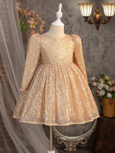SHEIN فستان ضيق أنيق للفتاة الصغيرة بفيونكة لامعة ثلاثية الأبعاد