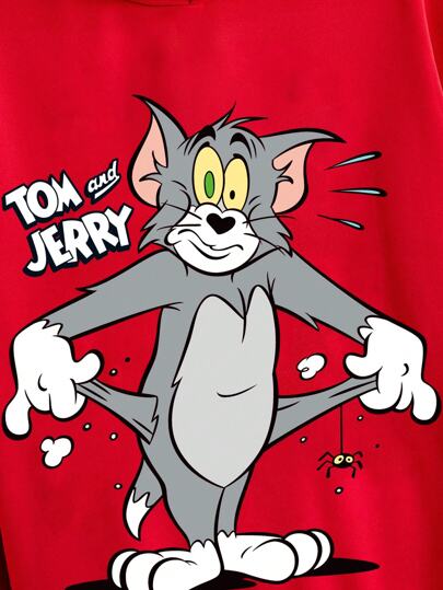 TOM & JERRY X SHEIN هودي أحمر مطبوع عليه رسوم كرتونية جذابة لتوم وجيري للرجال