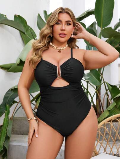 Swim SXY بدلة سباحة قطعة واحدة اللون الصلب للنساء بحجم كبير، حزام رفيع ، فتحة أمامية ، تزيين معدني بطوق على شكل حرف U ، أنيقة وجذابة للعطلات الصيفية