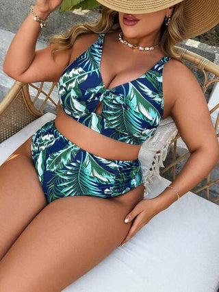 Swim Lushoire المرأة الحجم الكبير للصيف مجموعة من قطعتين طقم بنمط زهري تصميم فاتن وبرقبة عريضة، بيكيني عالي الخصر بقطع مثلثية، ملابس سباحة بسيطة
