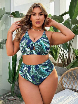 Swim Lushoire المرأة الحجم الكبير للصيف مجموعة من قطعتين طقم بنمط زهري تصميم فاتن وبرقبة عريضة، بيكيني عالي الخصر بقطع مثلثية، ملابس سباحة بسيطة