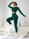 SHEIN Sport Studio طقم رياضي للنساء متكامل من بنطلون وبلوزة بأكمام طويلة، قطعتان من قماش مطاطي ذو لون واحد خالي من التفاصيل