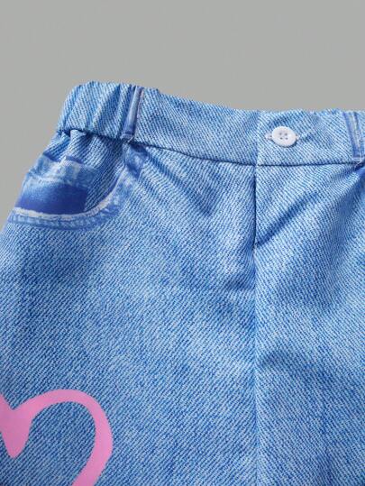 girls-sets مجموعة قميص قلب الطباعة الكاجوال والشارع لفتاة المراهقة وبنطال جينز لعيد الحب،قطعتين/طقم