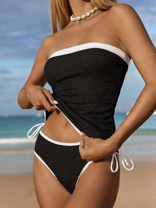 طقم تانكيني حريمي Swim Chiccia طقم كاميسول وتانكيني أنيق للنساء من قماش منقوش بتباين أسود وأبيض مع حمالات سباغيتي وسحاب جانبي