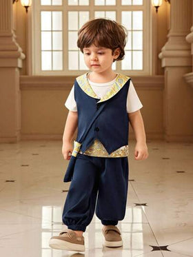 SHEIN 4 قطع طقم رضيع ولد صيفي كاجوال ذو طباعة ملونة، يشمل جاكيت زرقاء و جاكيت و بنطلون مطابق و حقيبة، مناسب للاستخدام اليومي و اللعب الخارجي و المدرسة و العطلات، لائق لملابس الأسرة الترفيهية و الرياضية و الحفلات