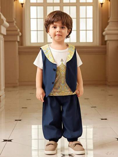 SHEIN 4 قطع طقم رضيع ولد صيفي كاجوال ذو طباعة ملونة، يشمل جاكيت زرقاء و جاكيت و بنطلون مطابق و حقيبة، مناسب للاستخدام اليومي و اللعب الخارجي و المدرسة و العطلات، لائق لملابس الأسرة الترفيهية و الرياضية و الحفلات