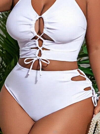 SHEIN Slayr CURVE ملابس سباحة للمرأة مقاسات كبيرة، سروال بكيني بخصر مربوط جانبيا، بتصميم أحادي اللون ، أنثوي وجذاب، للاستخدام الصيفي
