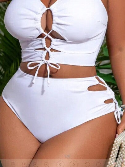 SHEIN Slayr CURVE ملابس سباحة للمرأة مقاسات كبيرة، سروال بكيني بخصر مربوط جانبيا، بتصميم أحادي اللون ، أنثوي وجذاب، للاستخدام الصيفي