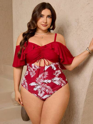 Swim Lushoire بدلة سباحة قطعة واحدة متعددة الألوان مطبوعة للنساء مقاسات كبيرة, مع أشرطة كمي على الكتف وكشكشة قابلة للتعديل, طراز بسيط للعطلات والأجازات الصيفية على الشاطئ