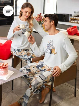 SHEIN طقم ملابس منزلية للرجال مطبوع عليه رسوم كرتونية لقطط، ملابس خريف وشتاء