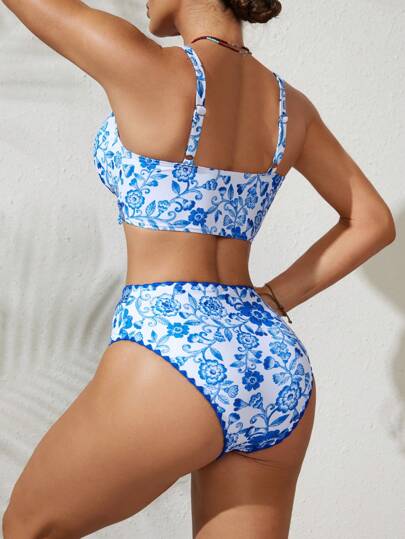 Swim DD+ مجموعة ملابس سباحة نسائية طقم طبعة البيضاوي الأزرق والأبيض مع وحدات أوسط متزن والتوصيلات على الأمام وشرر على الأكمام