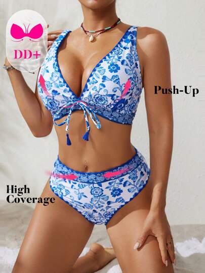 Swim DD+ مجموعة ملابس سباحة نسائية طقم طبعة البيضاوي الأزرق والأبيض مع وحدات أوسط متزن والتوصيلات على الأمام وشرر على الأكمام