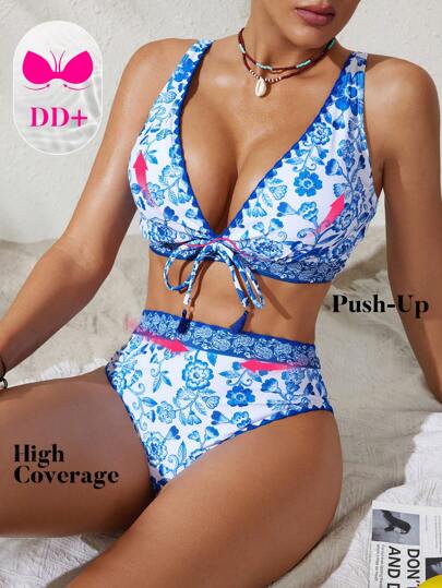 Swim DD+ مجموعة ملابس سباحة نسائية طقم طبعة البيضاوي الأزرق والأبيض مع وحدات أوسط متزن والتوصيلات على الأمام وشرر على الأكمام