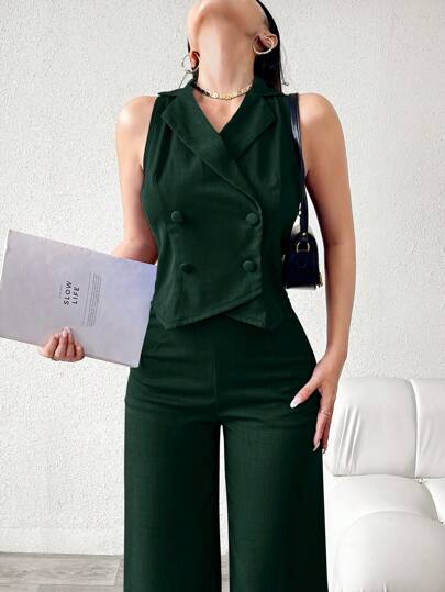 Modelyn بدلة نسائية من بنطلون ولباس علوي بدون أكمام بأزرار أمامية بلون واحد مع تصميم بسيط