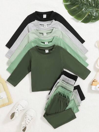 SHEIN Vintaside Kids مجموعة طقم 2 قطعة للأطفال الصبيان من تي شيرت بياقة طاقم بأكمام طويلة وسراويل، باللون الأحادي، 5 مجموعات متنوعة، مناسبة للربيع والخريف والشتاء