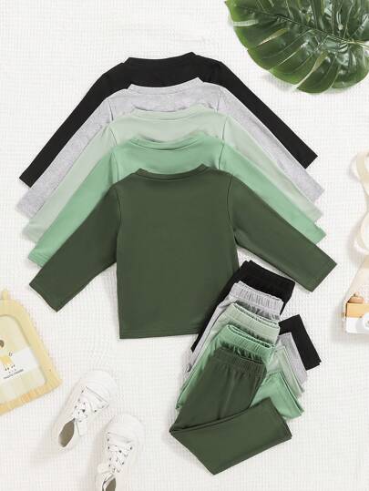 SHEIN Vintaside Kids مجموعة طقم 2 قطعة للأطفال الصبيان من تي شيرت بياقة طاقم بأكمام طويلة وسراويل، باللون الأحادي، 5 مجموعات متنوعة، مناسبة للربيع والخريف والشتاء
