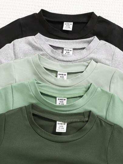 SHEIN Vintaside Kids مجموعة طقم 2 قطعة للأطفال الصبيان من تي شيرت بياقة طاقم بأكمام طويلة وسراويل، باللون الأحادي، 5 مجموعات متنوعة، مناسبة للربيع والخريف والشتاء