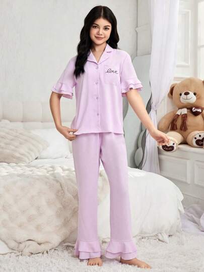 رمضان مجموعة بيجامة المراهقات 2 قطعة، توب كشكش قصير الأكمام طباعة الحب بتصميم صغير بلون بنفسجي فاتح، وبنطلون طويل