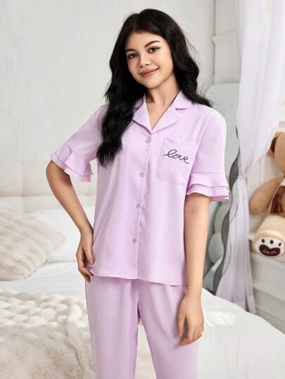 رمضان مجموعة بيجامة المراهقات 2 قطعة، توب كشكش قصير الأكمام طباعة الحب بتصميم صغير بلون بنفسجي فاتح، وبنطلون طويل
