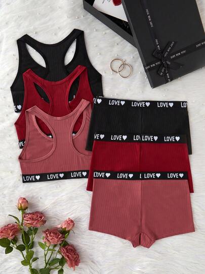 Shein Underwear&Sleepwear Basics مجموعة ملابس داخلية نسائية 3 قطع مع شريط مطاطي مطرز بالحروف