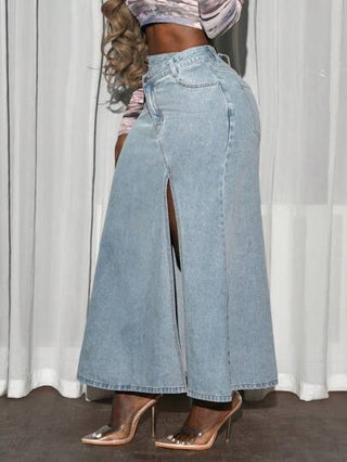 Slaydiva تنورة جينز طويلة مع جيب غير متماثل الخصر و شق في الذيل
