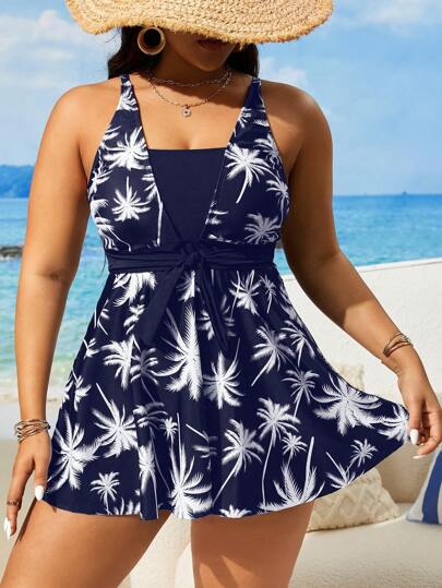 SHEIN Swim Curve مجموعة 2 قطعة من ملابس السباحة تانكيني للنساء ذوات الأحجام الكبيرة مطبوع عليها طباعة رقمية لفصل الصيف