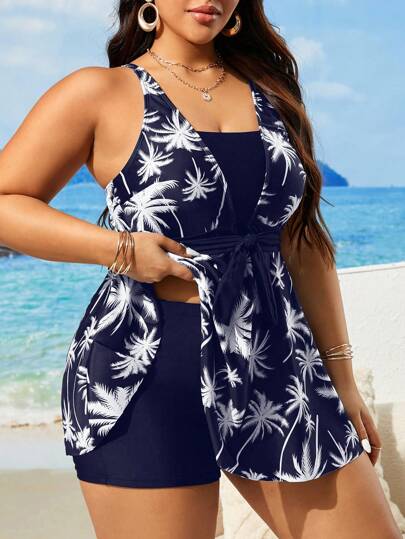 SHEIN Swim Curve مجموعة 2 قطعة من ملابس السباحة تانكيني للنساء ذوات الأحجام الكبيرة مطبوع عليها طباعة رقمية لفصل الصيف