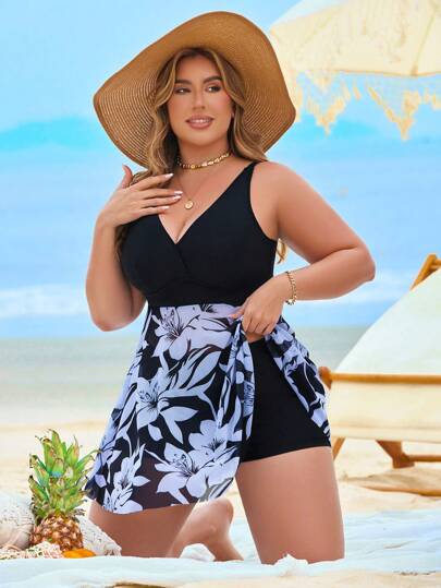 Swim Lushoire بلوزة رياضية كبيرة الحجم مزخرفة بطبعات زهرية من الشبك مع أشرطة قابلة للتعديل, لفصل الصيف