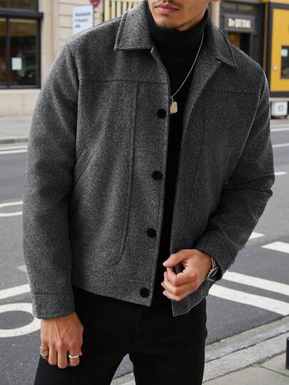 Manfinity CasualCool معطف صوفي قصير أنيق بأكمام طويلة للرجال، خريف/شتاء