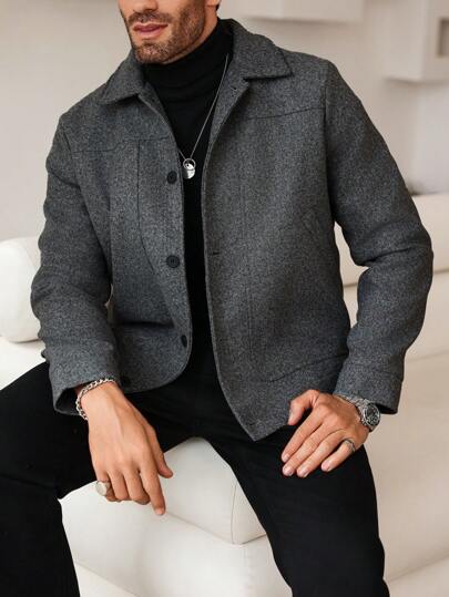 Manfinity CasualCool معطف صوفي قصير أنيق بأكمام طويلة للرجال، خريف/شتاء