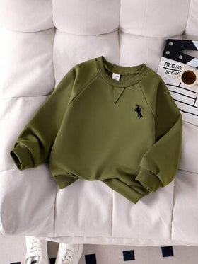 SHEIN Genkimix Kids قميص ثقيل رياضي بياقة مستديرة وأكمام راجلان مطرز باللون الأخضر العسكري للاستخدام اليومي، ملابس كاجوال رياضية للخارج، ملائم للربيع والخريف