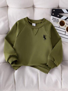 SHEIN Genkimix Kids قميص ثقيل رياضي بياقة مستديرة وأكمام راجلان مطرز باللون الأخضر العسكري للاستخدام اليومي، ملابس كاجوال رياضية للخارج، ملائم للربيع والخريف