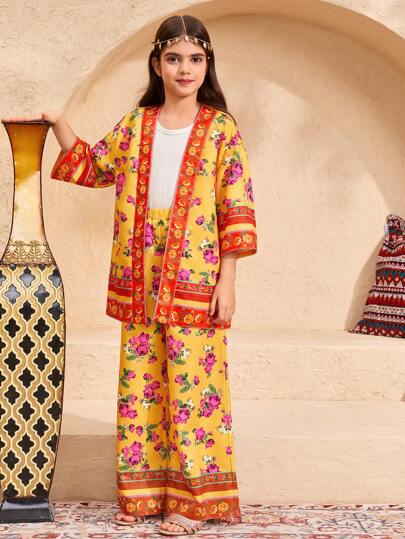 SHEIN Leap Crew مجموعة (جاكيت وبنطلون واسع الساق) كاجوال للكبيرات بطبعة زهور صغيرة لإطلالة إجازة