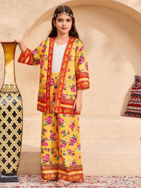 SHEIN Leap Crew مجموعة (جاكيت وبنطلون واسع الساق) كاجوال للكبيرات بطبعة زهور صغيرة لإطلالة إجازة