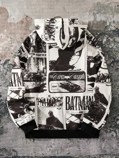 BATMAN X SHEIN 85th هودي كاملة الطباعة، للجنسين، للخريف