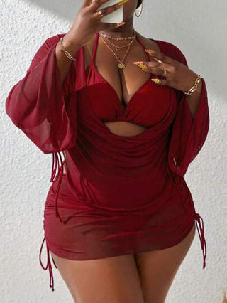 Slaydiva 4 قطعة/مجموعة بيكيني نسائي بألوان سادة مقاس كبير ذو حمالات رفيعة مع حماية كم طويل وتنورة للأستخدام البحري والعطلات الصيفية